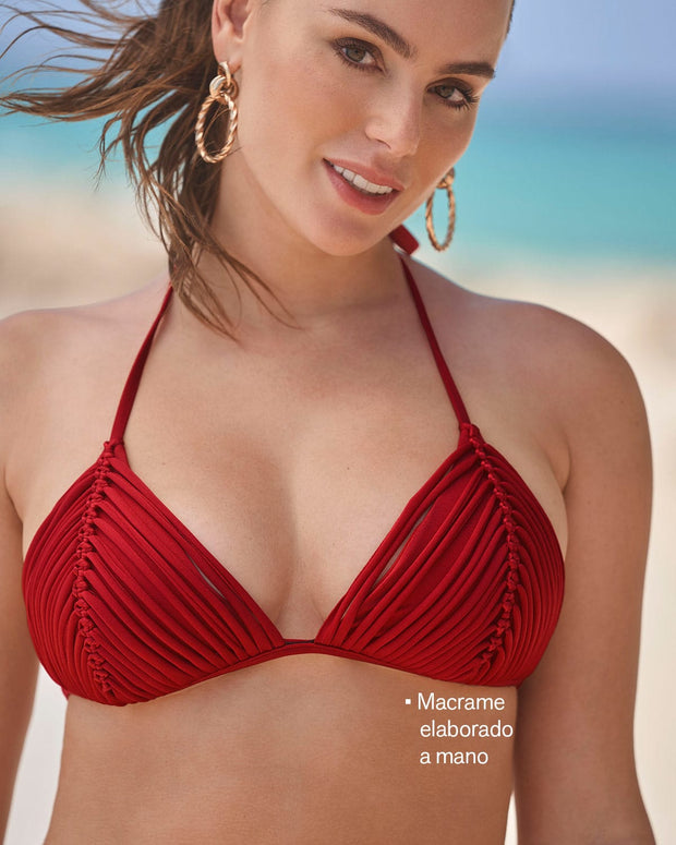 Bikini con top con detalle en macramé y calzón graduable en el frente#color_340-rojo