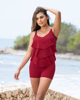 Tankini de dos piezas con boleros elaborado con nylon reciclado#color_309-rojo-oscuro
