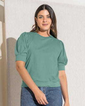 Camiseta manga corta con mangas globos y cuello redondo#color_636-verde